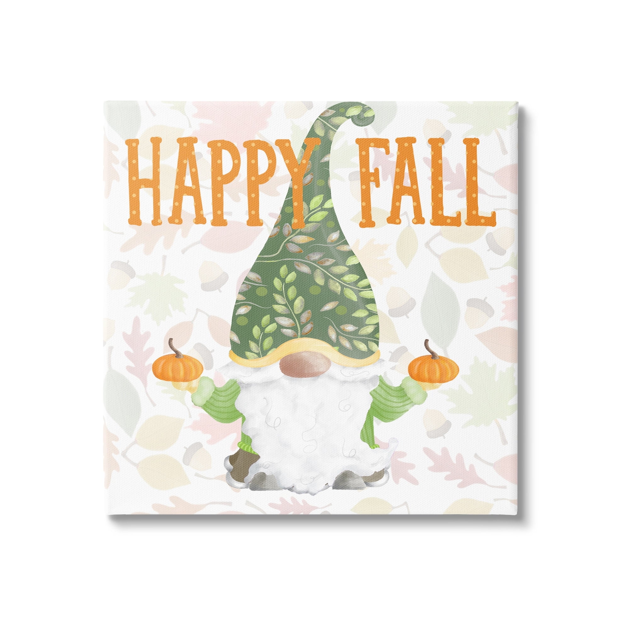 Happy Fall Patterned Gnome Holding Orange Pumpkins Inspirational Graphic Art Gallery-Wrapped Canvas Print Wall Art
