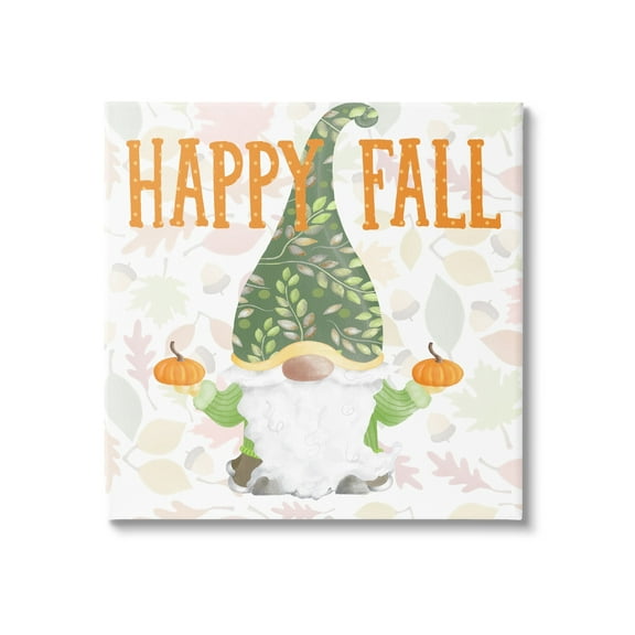 Happy Fall Patterned Gnome Holding Orange Pumpkins Inspirational Graphic Art Gallery-Wrapped Canvas Print Wall Art