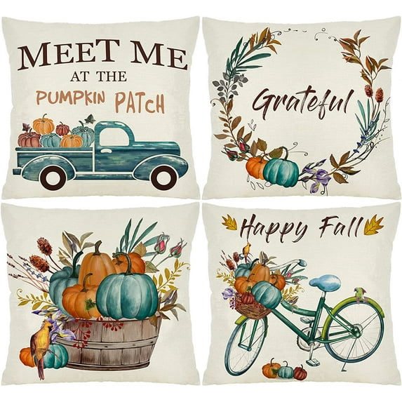 Happy Fall Pillow Covers 20x20 Set of 4 Teal Watercolor Pumpkin Throw Pillow Thanksgiving Day Gift Outdoor Decorative Pillowcase Farmhouse Fall Decor Grateful for Sofa Couch Livingroom