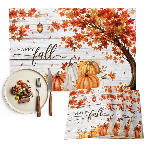 Happy Fall Placemats Set of 2, Maple Tree Orange Pumpkins Thanksgiving Wood Washable Wipeable Table Mats for Dining Tables, Indoor Outdoor Kitchen Place Mats for Holiday Party Table Decor