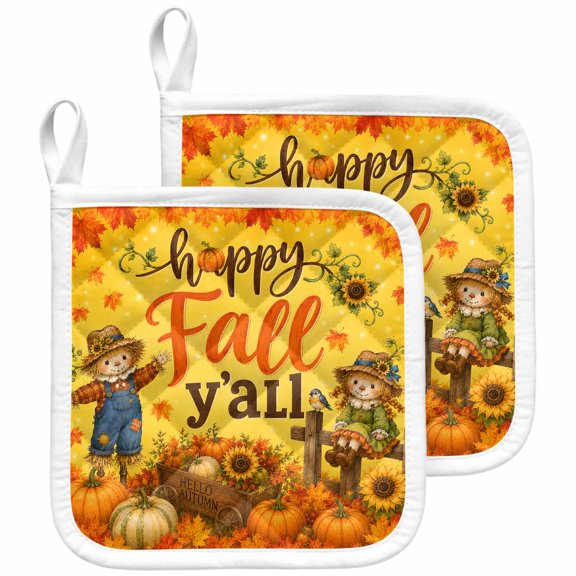 Happy Fall Pot Holders for Kitchen Heatproof Potholder, 2 Pack Thanksgiving Pumpkins Sunflowers Maple Hot Pads Multipurpose Oven Pads Terry Cloth Potholders Trivet for Cooking and Baking
