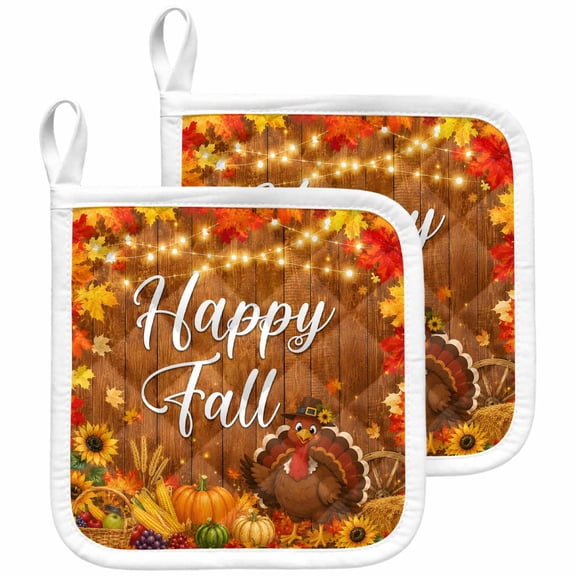 Happy Fall Pot Holders for Kitchen Heatproof Potholder, 2 Pack Thanksgiving Turkey Pumpkins Maple Leaf Wooden Hot Pads Multipurpose Oven Pads Terry Cloth Potholders Trivet for Cooking and Baking