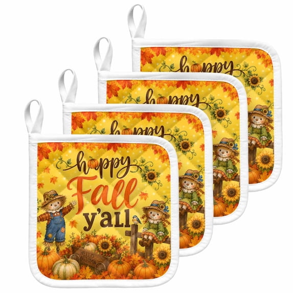 Happy Fall Pot Holders for Kitchen Heatproof Potholder, 4 Pack Thanksgiving Pumpkins Sunflowers Maple Hot Pads Multipurpose Oven Pads Terry Cloth Potholders Trivet for Cooking and Baking