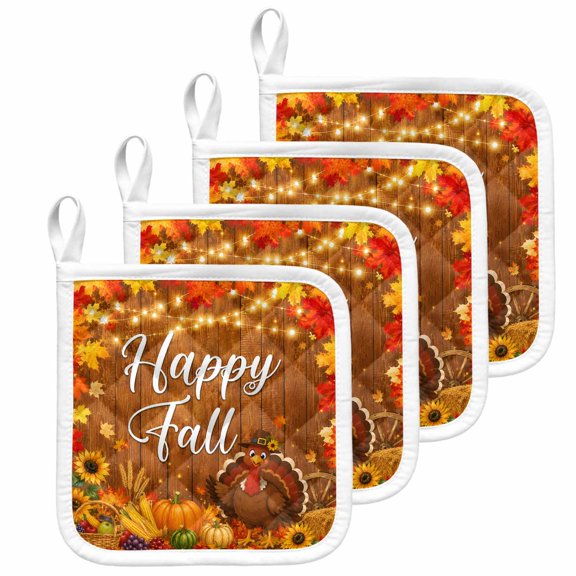 Happy Fall Pot Holders for Kitchen Heatproof Potholder, 4 Pack Thanksgiving Turkey Pumpkins Maple Leaf Wooden Hot Pads Multipurpose Oven Pads Terry Cloth Potholders Trivet for Cooking and Baking