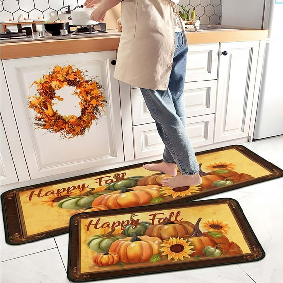 Happy Fall Pumpkin Decorative Kitchen Rugs Set of 2,Non Skid Washable, Home Seasonal Fall Holiday Party Autumn Harvest Thanksgiving Kitchen Mat 17"x47"+17"x30"