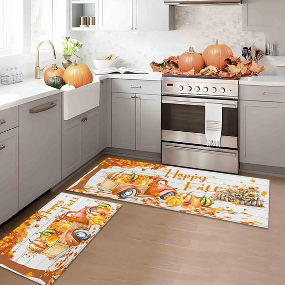 Happy Fall Pumpkin Decorative Kitchen Rugs Set of 2, Home Seasonal Fall Holiday Party Autumn Harvest Thanksgiving Kitchen Floor Mat 17"x47"+17"x30"