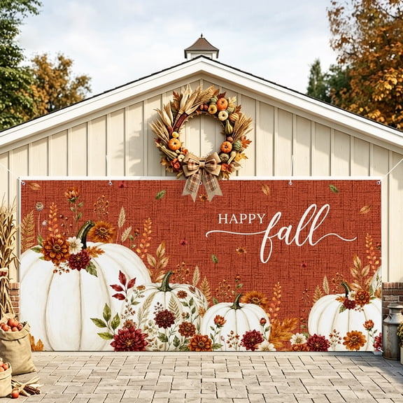 Happy Fall Pumpkin Garage Door Banner Cover 7 x 16 ft Thanksgiving White Pumpkin Orange Flower Leaf Garage Door Decoration Hanging Garage Door Cover Backdrop Wall Decoration for Outdoor Autumn Party