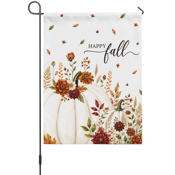 Happy Fall Pumpkin Garden Flag 12 x 18 Inches, Thanksgiving Farm White Pumpkin Red Flower Leaf Weather Proof Outdoor Patio Flags Double Sided Small Garden Decoration for Yard Outside Home