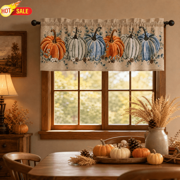Happy Fall Pumpkin Window Valance, Plaid Maple Leaf Short Curtain, Light Filtering Kitchen Window Topper, Autumn Harvest Valance Curtain for Kitchen Dining Room Farmhouse Thanksgiving Home Decor