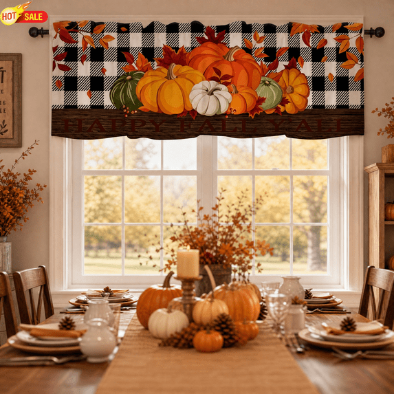 Happy Fall Pumpkin Window Valance, Plaid Maple Leaf Short Curtain, Light Filtering Kitchen Window Topper, Autumn Harvest Valance Curtain for Kitchen Dining Room Farmhouse Thanksgiving Home Decor