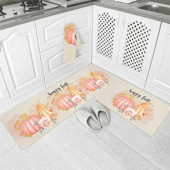 Happy Fall Pumpkins Kitchen Floor Mats, Watercolor Flowers Pastel Pink 2 PCS Anti Fatigue Area Runner Rugs Set Burlap Non-Slip Bathroom Comfort Standing Mat Home Decor