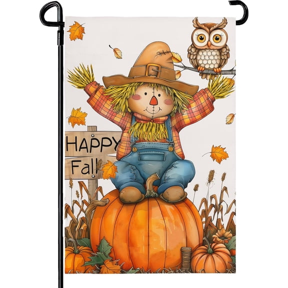 Happy Fall Pumpkins Scarecrow Garden Flags Double Sided Burlap Autumn Yellow Pumpkin Owl Yard Flag Seasonal Outside Patio Farmhouse Garden Yard Lawn Outdoor Decorative 12 x 18 Inch