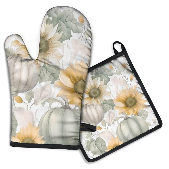 Happy Fall Pumpkins and Sunflower Kitchen Oven Mitt and Pot Holder Sets 2 Pcs for Baking, Cooking and Grilling, Heat Resistant Up To 392 °F