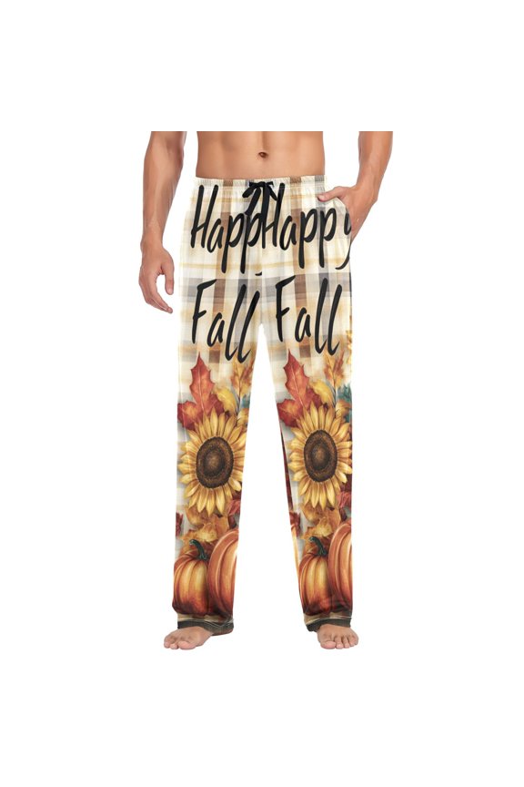 Happy Fall Pumpkins and Sunflower Mens Cotton Pajama Pant Sleep and Lounge Bottons with Pockets