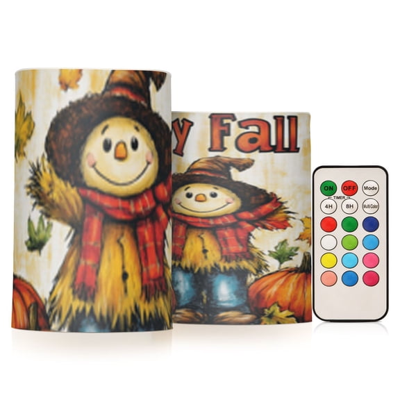 Happy Fall Scarecrow Flickering Flameless Candles Battery Operated with Remote Timer LED Pillar Candles Set of 2