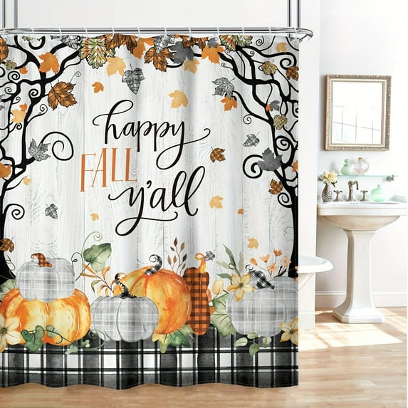 Happy Fall Shower Curtain For Bathroom Decor, Farmhouse Maple Leaf Pumpkin Floral Autumn Black White Plaid Wooden Thanksgiving Rustic Art Printed Shower Curtain, Polyester, 72x72 inch