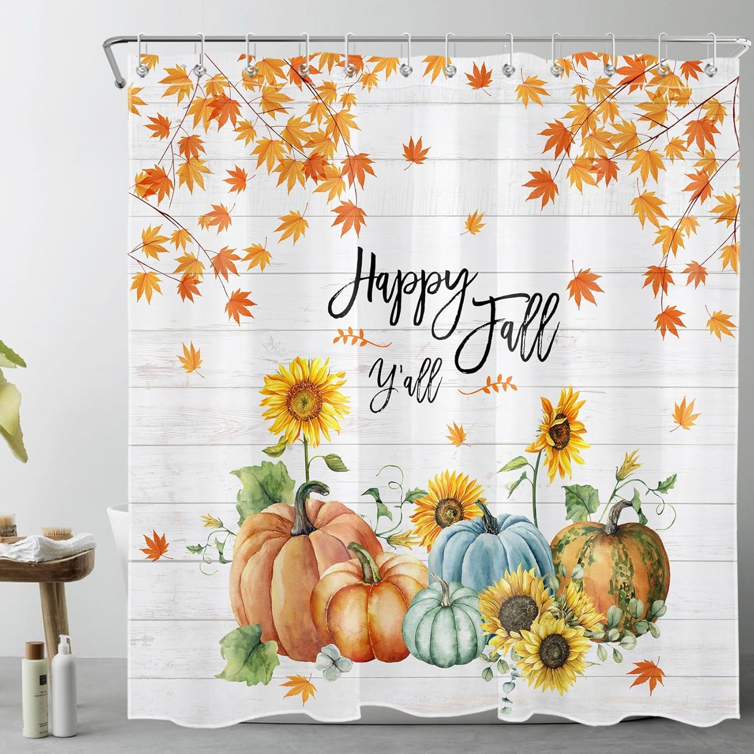 Happy Fall Shower Curtain for Bathroom,Thanksgiving Harvest Pumpkin Yellow Sunflower and Autumn ...
