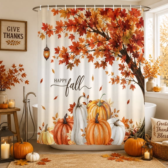 Happy Fall Shower Curtains for Bathroom, Maple Tree Orange Pumpkins Thanksgiving Rustic Waterproof Fabric Shower Curtain, Decorative Bathroom Curtain for Bathtub, 72"x72", No Hooks Included