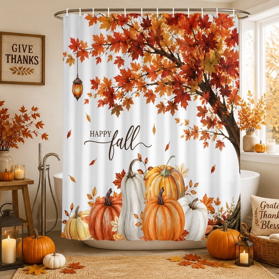 Happy Fall Shower Curtains for Bathroom, Maple Tree Orange Pumpkins Thanksgiving Waterproof Fabric Shower Curtain, Decorative Bathroom Curtain for Bathtub, 72"x72", No Hooks Included