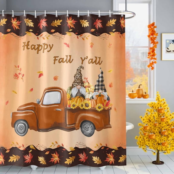 Happy Fall Shower Curtains for Bathroom, Y'all Orange Harvest Autumn Gnome Pumpkin Maple Leaf Waterproof Fabric Shower Curtain for Bathroom Bathtub Decoration, Machine Washable, 60"x72"