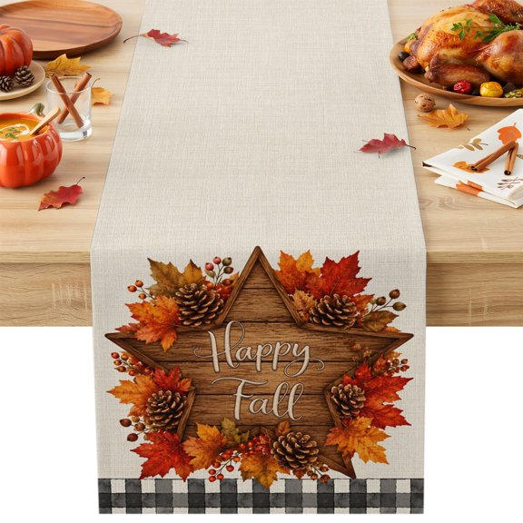 Happy Fall Table Runner, Rustic Country Star Maple Leaf Pinecone Gingham Border Cotton Linen Kitchen Table Decoration Washable Dining Tabletop Runners for Home Party Decor 13x72 Inches