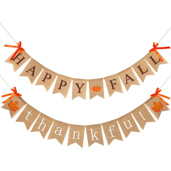 Happy Fall Thankful Burlap Banner Set with Pumpkin Maple Leaf & Orange Ribbon, Rustic Jute Pennant Garland for Thanksgiving Harvest Farmhouse Mantel Front Door Decor