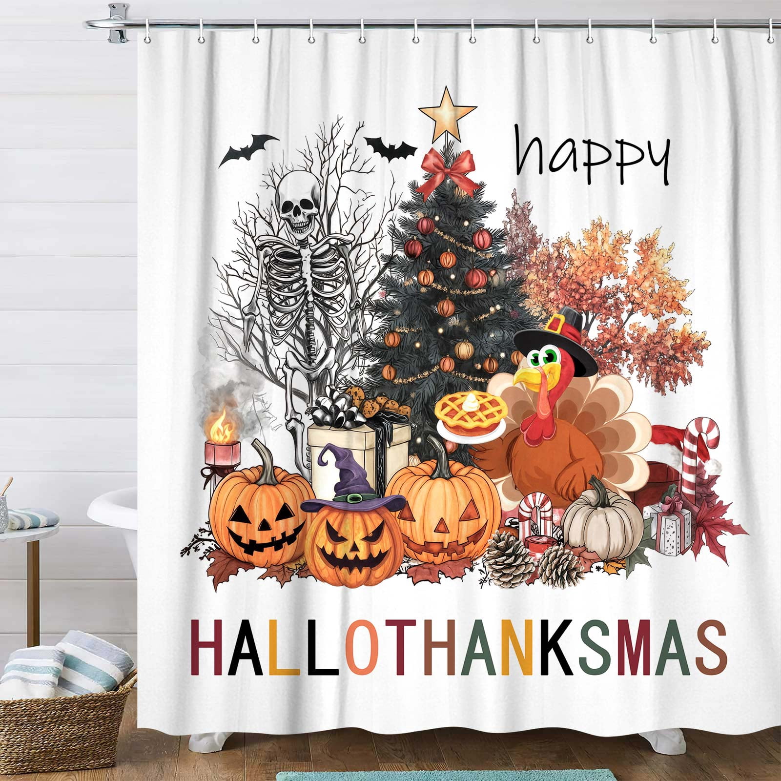 Happy Fall Thanksgiving Halloween Shower Curtains for Bathroom, Fall Autumn Thanksgiving Halloween Christmas Waterproof Bath Shower Curtain Set with Hooks,60X72