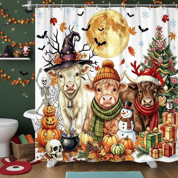 Happy Fall Thanksgiving Halloween Shower Curtains for Bathroom, Fall Autumn Thanksgiving Halloween Christmas Waterproof Polyester Bath Shower Curtain with Hooks,72Wx72H
