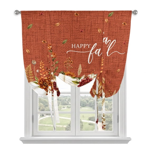 Happy Fall Thanksgiving Pumpkin Tie Up Curtains,Adjustable Rod Pocket Window Shade Curtain Drape Farm Flower Terracotta Linen Tie-Up Valance for Kitchen Bedroom Living Room Windows,34"x45"