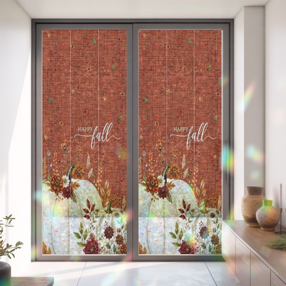 Happy Fall Thanksgiving Pumpkin Window Privacy Film,Decorative Windows Static Cling Farm Flower Terracotta Linen Heat Control Removable Glass Sticker for Home Bathroom Bedroom Window Door,35.4x78.7in
