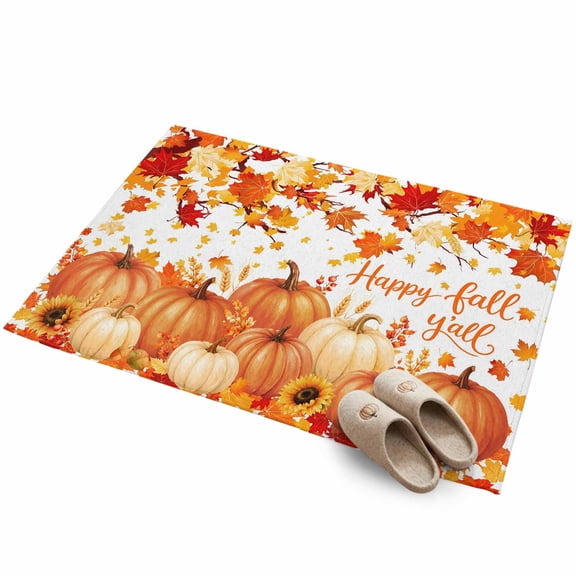 Happy Fall Washable Area Rug 2 x 3 ft Thanksgiving Rustic Orange White Pumpkin Maple Leaf Soft Non‑Slip Rugs Stain Repellent Indoor Mats for Front Door, Narrow Hallway, Kitchen Doorway, Bedside