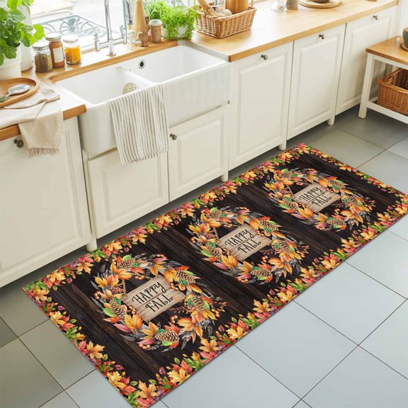 Happy Fall Washable Runner Rugs 2'x6', Maple Leaf Pine Cone Brown Wood Grain Washable Runner Rug Non-Slip Sturdy Edge Binding Carpet for Bedside Hallway Runner Kitchen Galley