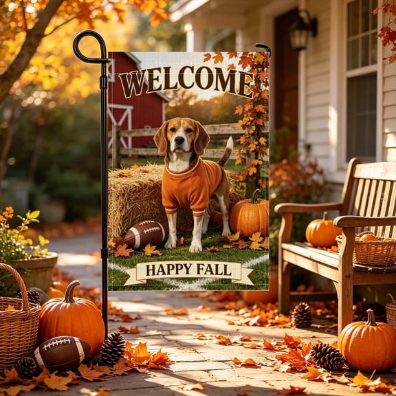 Happy Fall Welcome Beagle Puppy Print Polyester Garden Flag, 12x18 inch, Autumn Sports Puppy Hay Bale Pumpkin Harvest Patio Decor