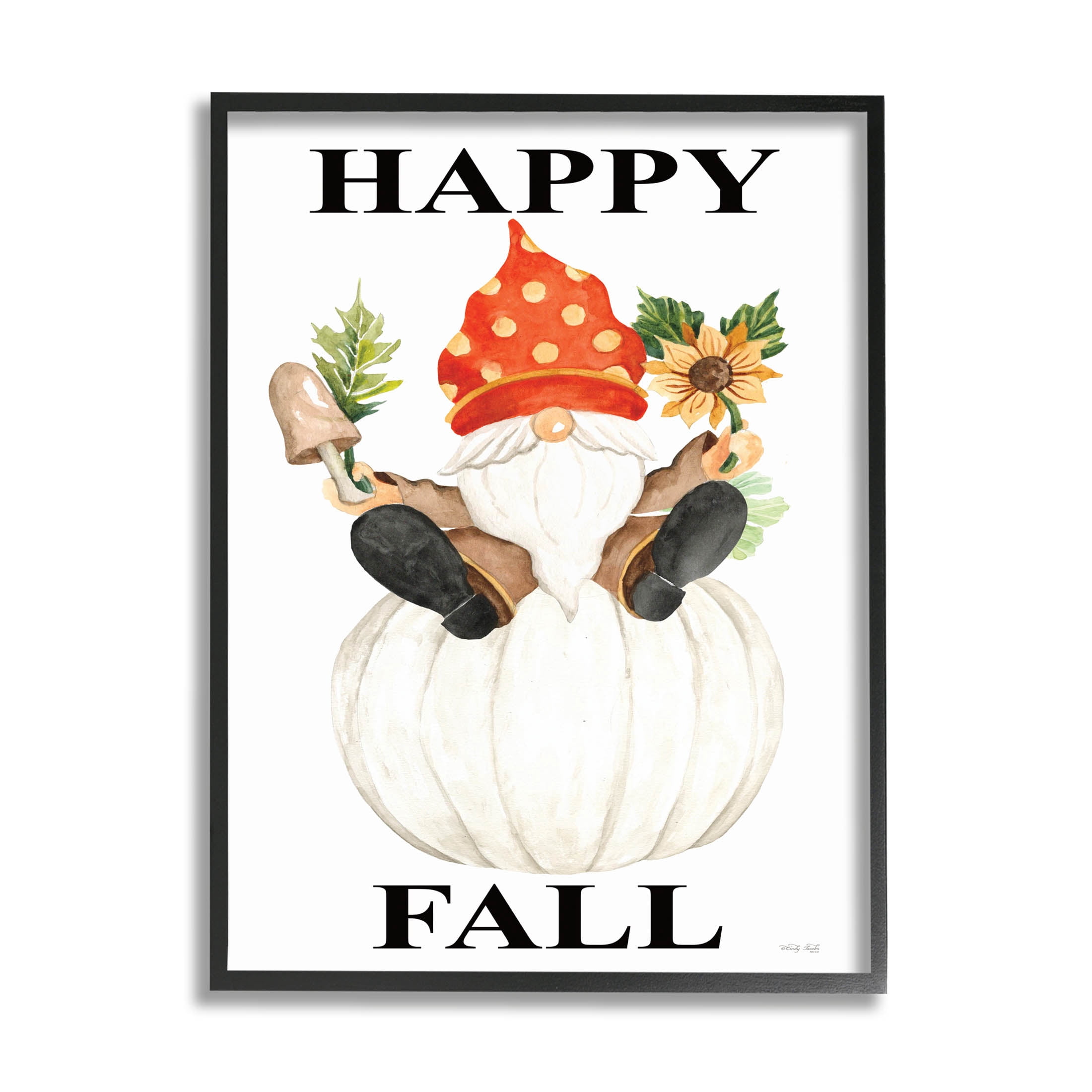 Happy Fall Whimsical Gnome Holiday Graphic Art Black Framed Art Print Wall Art