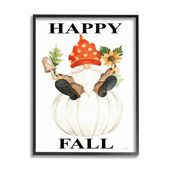 Happy Fall Whimsical Gnome Holiday Graphic Art Black Framed Art Print Wall Art