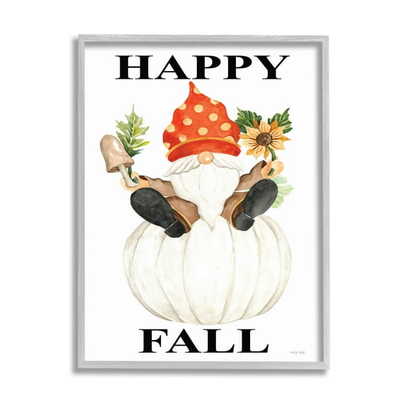 Happy Fall Whimsical Gnome Holiday Graphic Art Gray Framed Art Print Wall Art