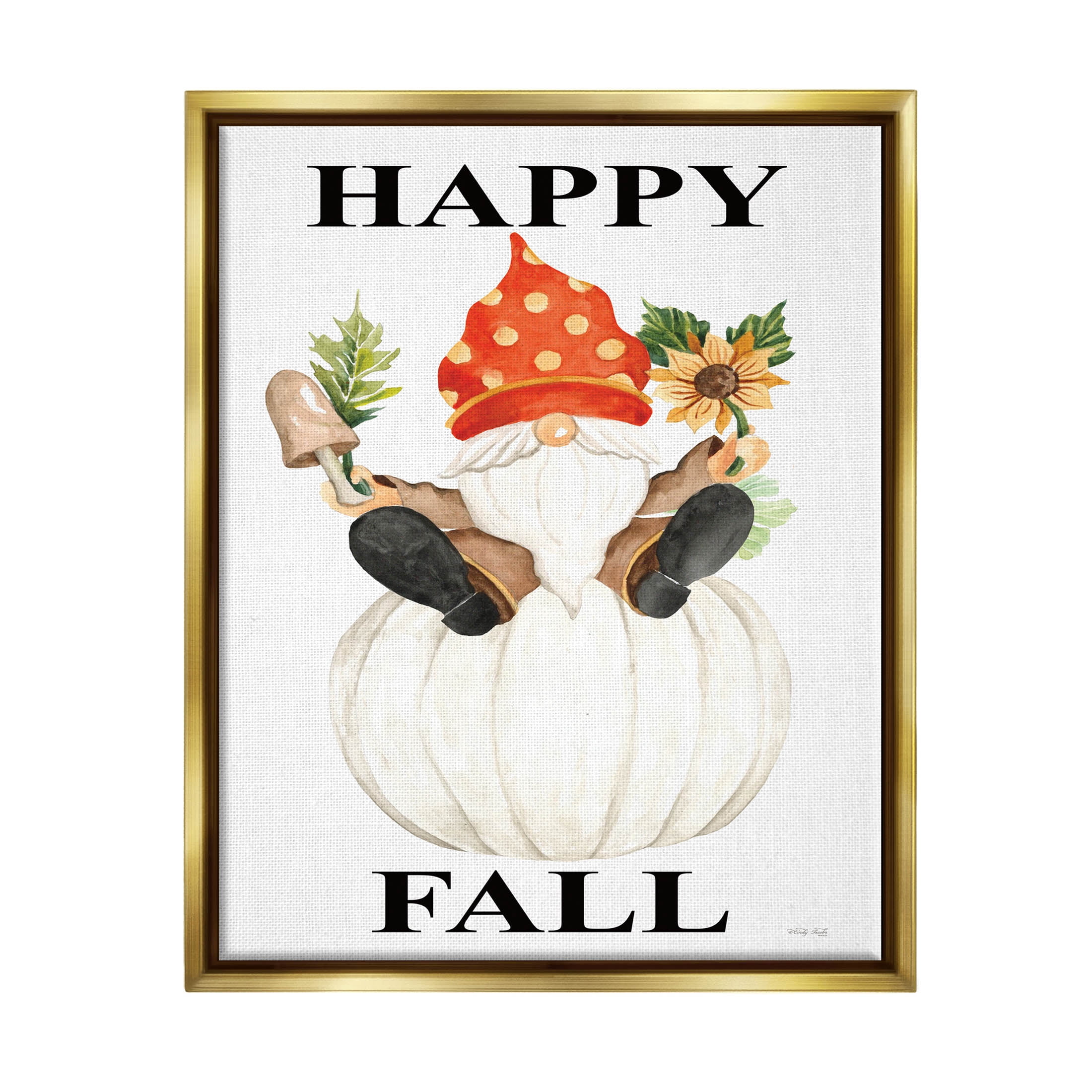 Happy Fall Whimsical Gnome Holiday Graphic Art Metallic Gold Framed Art Print Wall Art