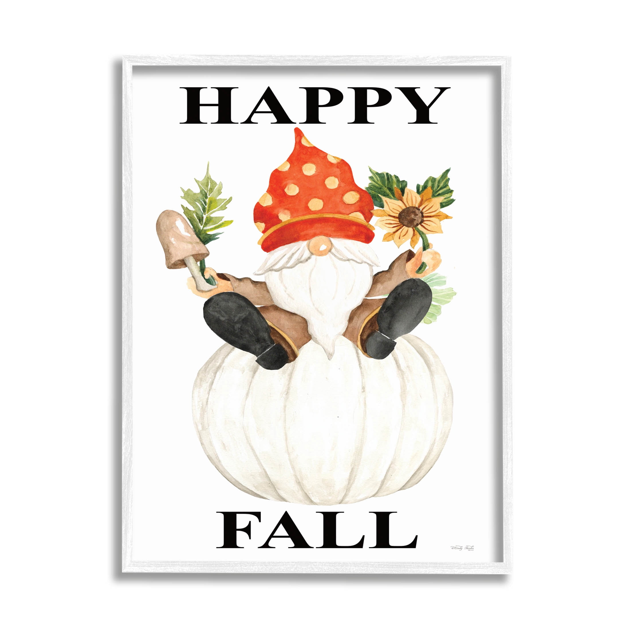 Happy Fall Whimsical Gnome Holiday Graphic Art White Framed Art Print Wall Art