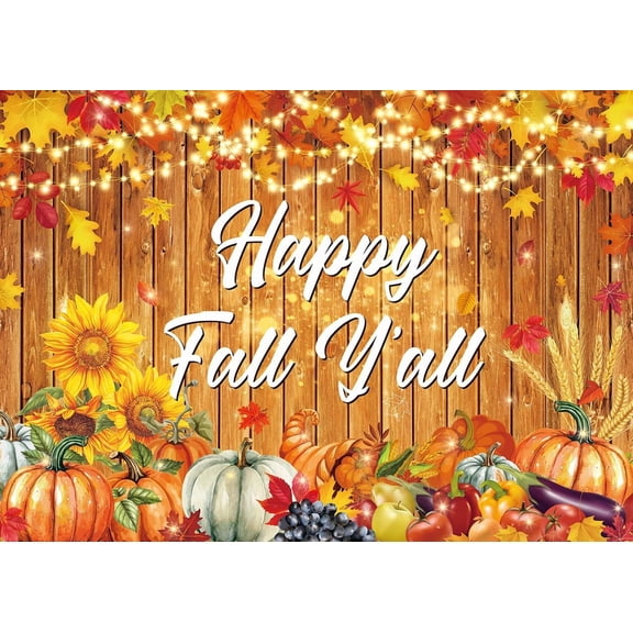 Happy Fall Y'all Backdrop Autumn Maple Leaves Pumpkin Harvest Wood Wall Photography Background Fall Festival Thanksgiving Family Party Decorations Banner Supplies Props