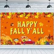 Happy Fall Y'all Backdrop Banner 73 x 43 Inch Large Size Autumn Harvest Background Banner with Maple Leaves Pumpkin Truck Signs Fall Thanksgiving Party Decorations Supplies Indoor Outdoor Photo