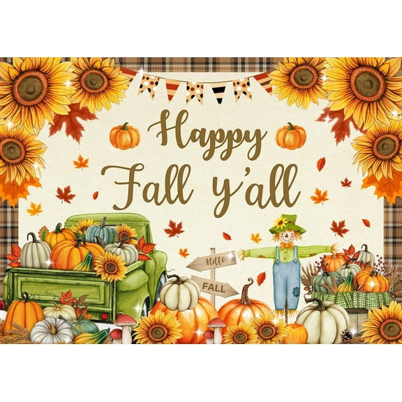 Happy Fall Y'all Beautiful Backdrop Autumn Cartoon Background for Fall Photography Thanksgiving Sunflower Pumpkin Truck Photo Banner