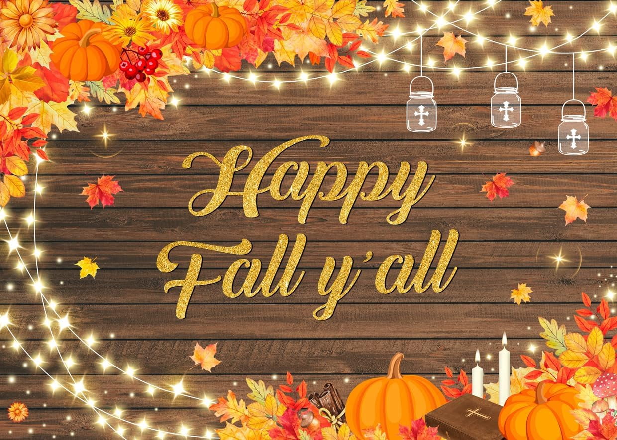 Fotohintergrund „Happy Fall Y’all“ – 2,1x1,5 M, Vinyl, Herbstmotiv Mit Kürbis & Blättern