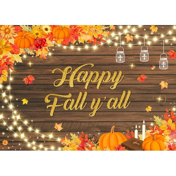 Happy Fall Y'all Beautiful Backdrop Autumn Wooden Board Thanksgiving Pumpkin Photo Background Fall Party & Baby Shower Theme Banner