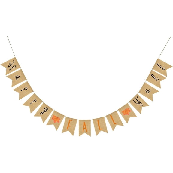 Happy Fall Y'all Burlap Banner with Maple Leaf Accents, Mixed Font Rustic Jute Pennant Garland for Fall Harvest Thanksgiving Party Decorations
