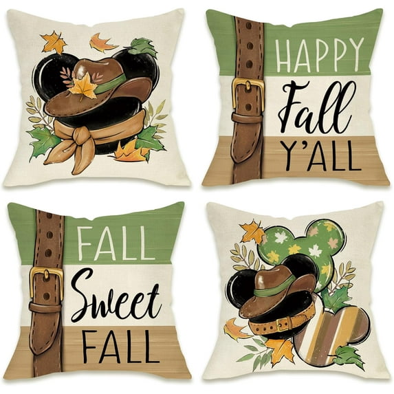 Happy Fall Y''all Cartoon Mouse Decorative Throw Pillow Covers 20 x 20 Set of 4, Fall Sweet Fall Cowboy Hat Belt Porch Outdoor Pillowcase, Autumn Maple Leaves Stripes Cushion Case Home Decor