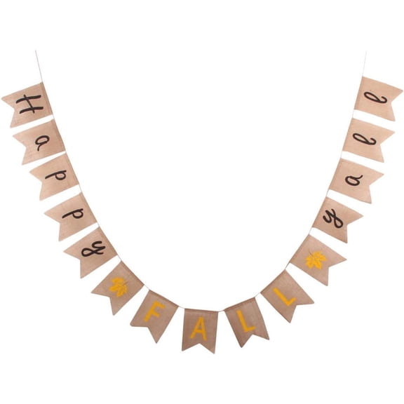 Happy Fall Y'all Cursive Font Burlap Banner with Yellow Maple Leaf, Orange Letter Rustic Jute Pennant Garland for Autumn Harvest Decorations