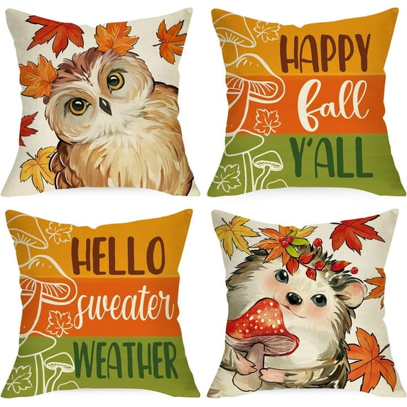 Happy Fall Y''all Decorative Throw Pillow Covers 18 x 18 Set of 4, Hello Sweater Weather Owl Bird Hedgehog Cushion Case Decor, Autumn Mushroom Maple Leaves Stripes Home Decoration for Sofa Couch