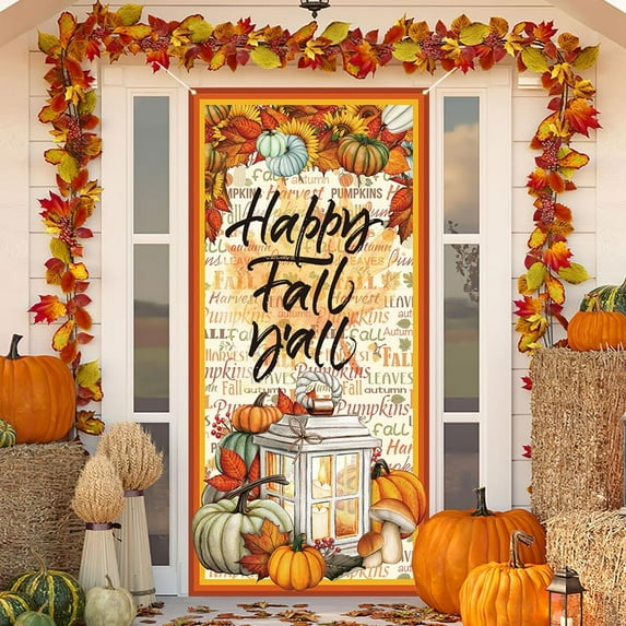 Happy Fall Y''all Door Cover Fall Front Porch Door Sign Banner Fall Autumn Thanksgiving Harvest Pumpkin Birthday Party Baby Shower Decoration and Supplies for Home