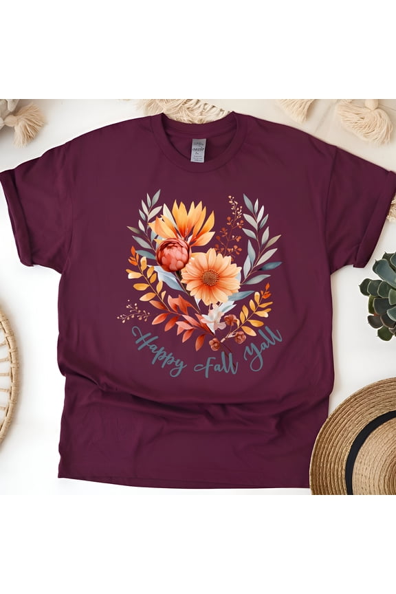 Happy Fall Y’all Floral T-Shirt | Autumn Wildflower Tee | Cozy Fall Aesthetic Top, Maroon, Size M