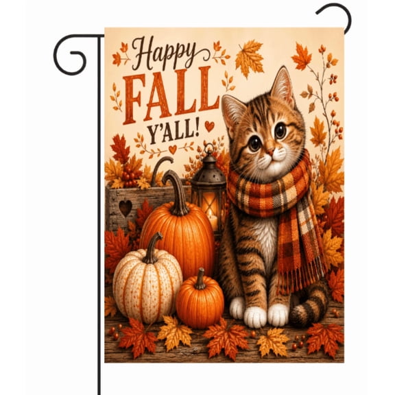 Happy Fall Y'all Garden Flag 12x18 Cute Tabby Cat with Pumpkins Outdoor Yard Dcor